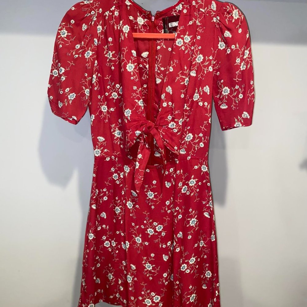 Reformation Grace Floral Front Tie Mini Dress in Red Viscose (Size: 0) - Picture 2 of 7